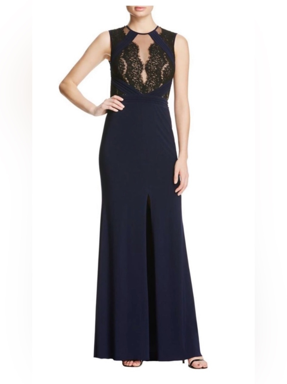 Xscape Elegant Navy and Black Lace Detail Sleeveless Floorlength Evening Gown 6